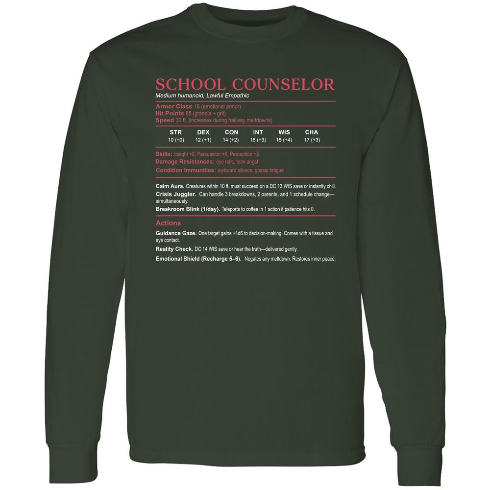 School Counselor Stats Long Sleeve T-Shirt - Forest Green - 4