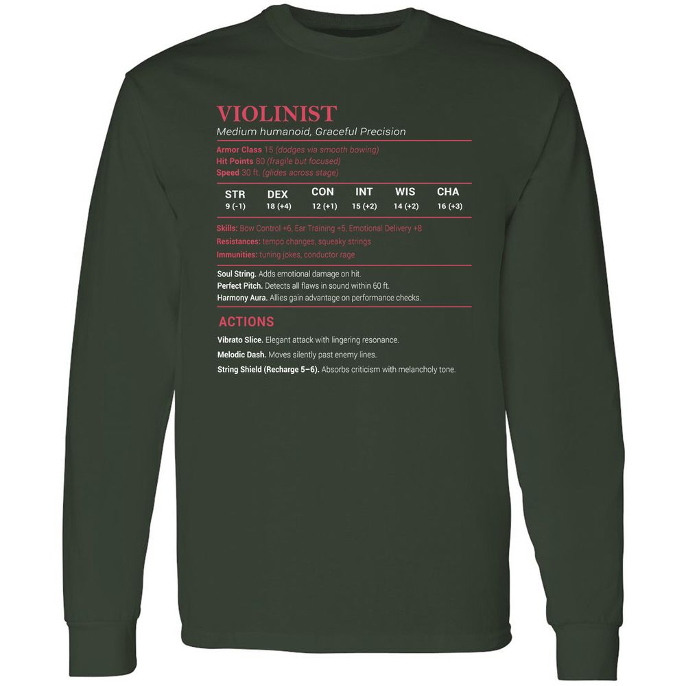 Violinist Stats Long Sleeve T-Shirt - Forest Green - 4