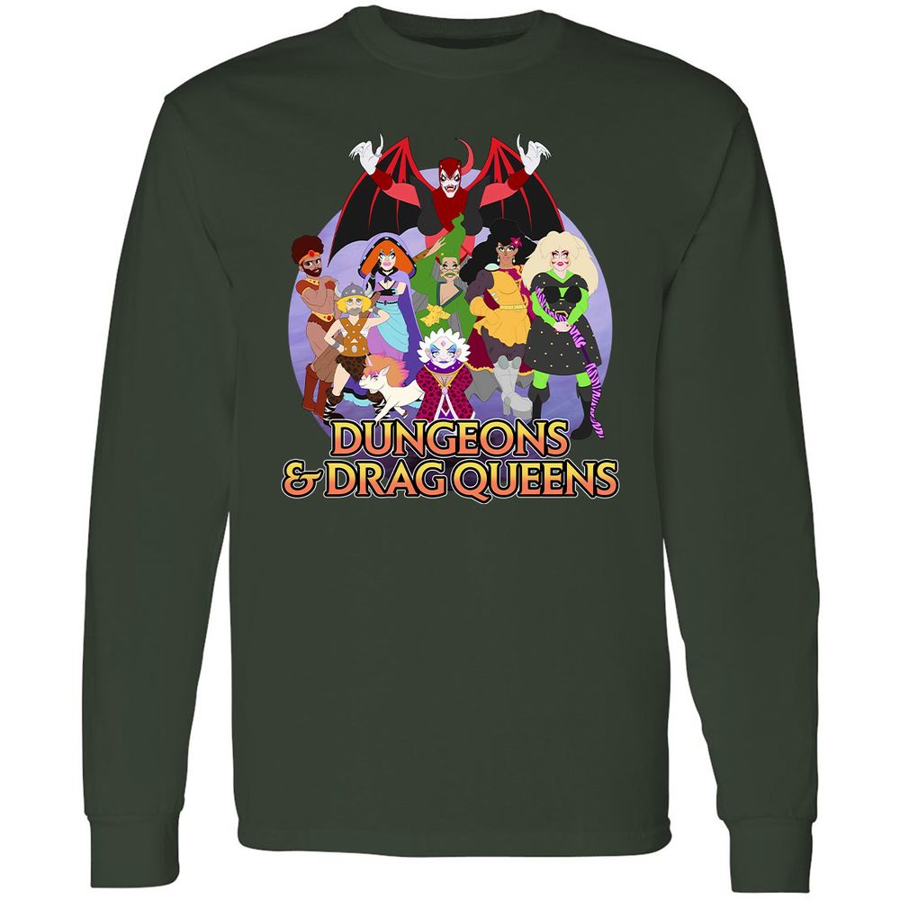 Dungeons n Drag Queens Cartoon Long Sleeve T-Shirt - Forest Green - 4