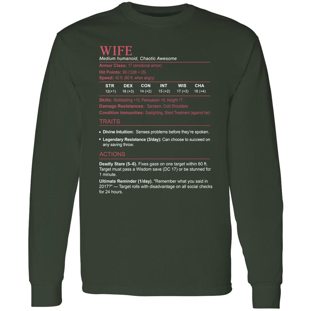Wife Stats Long Sleeve T-Shirt - Forest Green - 4