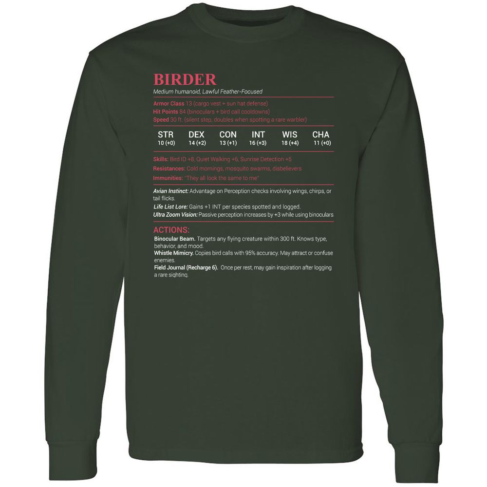 Birder Stats Long Sleeve T-Shirt - Forest Green - 4