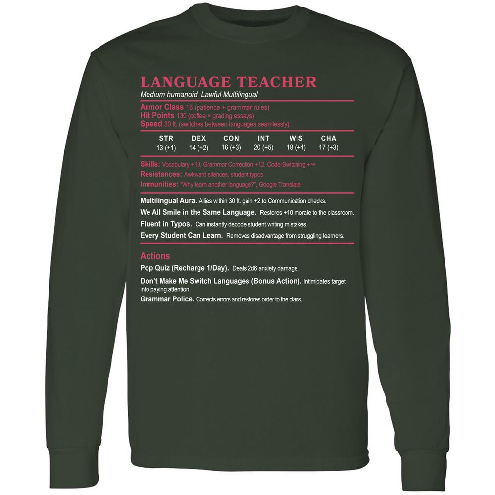 Language Teacher Long Sleeve T-Shirt - Forest Green - 4