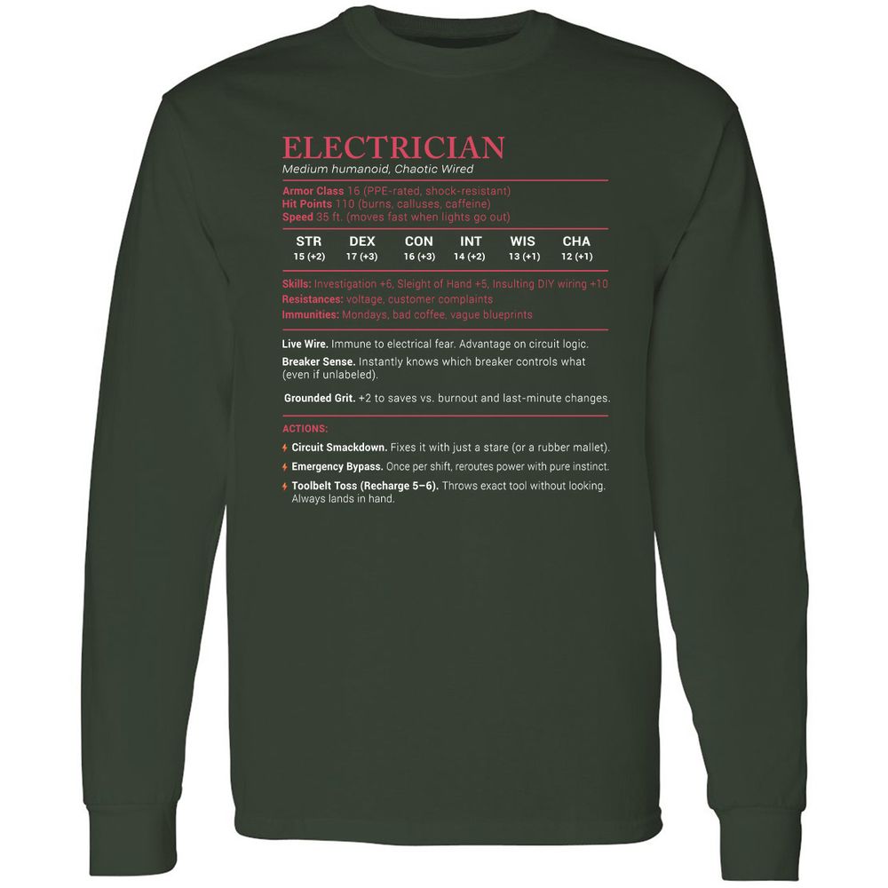 Electrician Stats Long Sleeve T-Shirt - Forest Green - 4