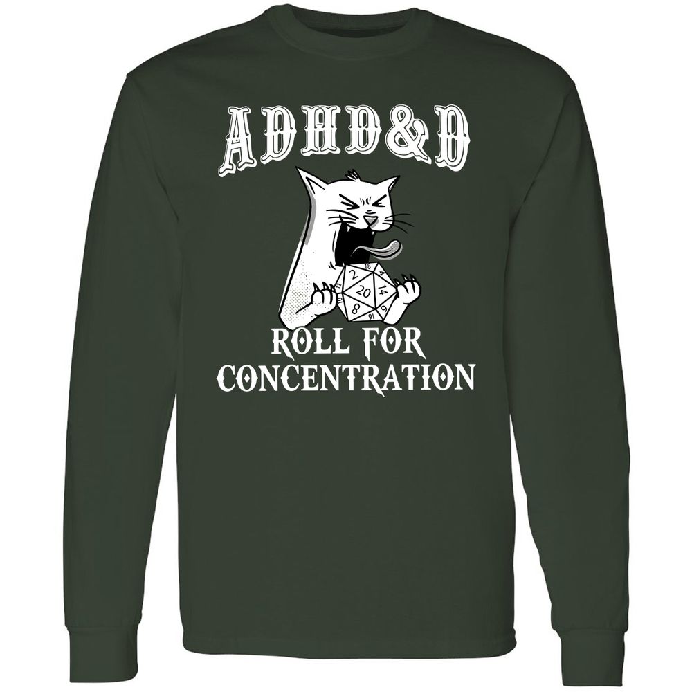 Cat ADHD&D Roll For Concentration Long Sleeve T-Shirt - Forest Green - 4
