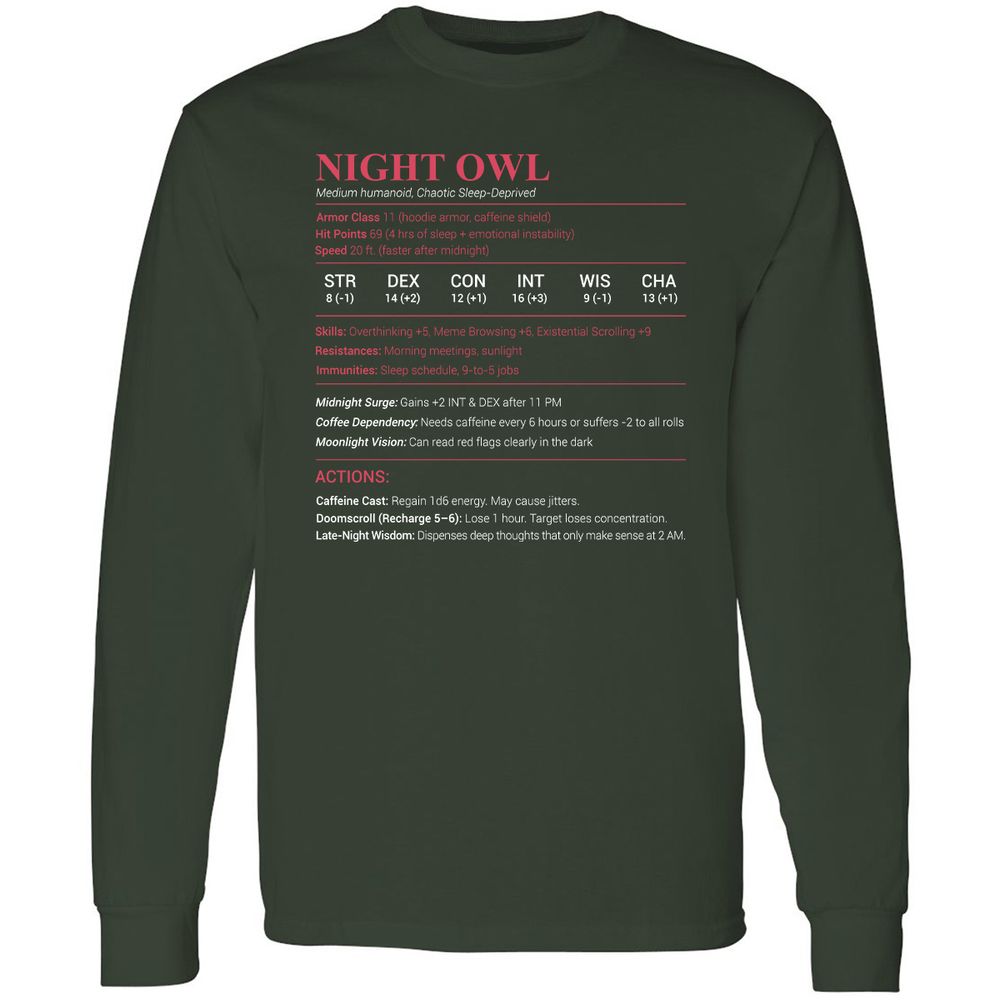 Night Owl Stats Long Sleeve T-Shirt - Forest Green - 4