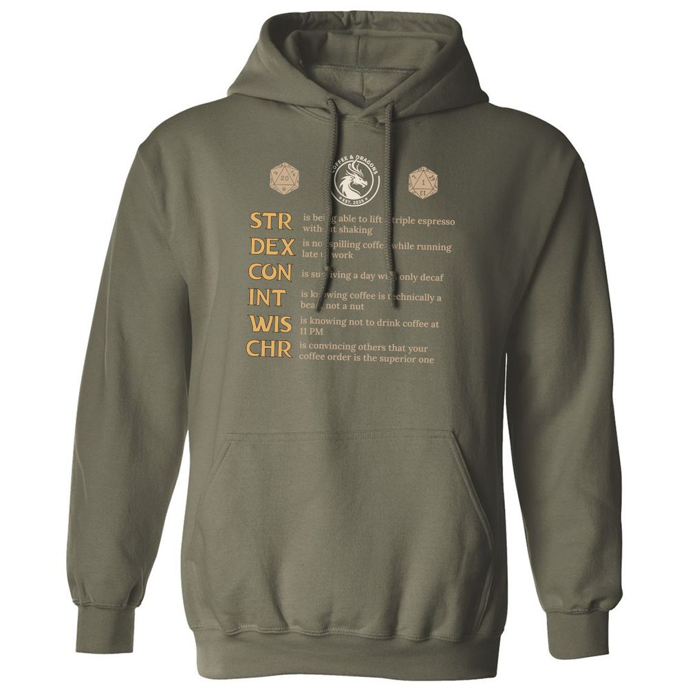 Coffee & Dragons RPG Stats Classic Unisex Hoodie - Military Green - 4
