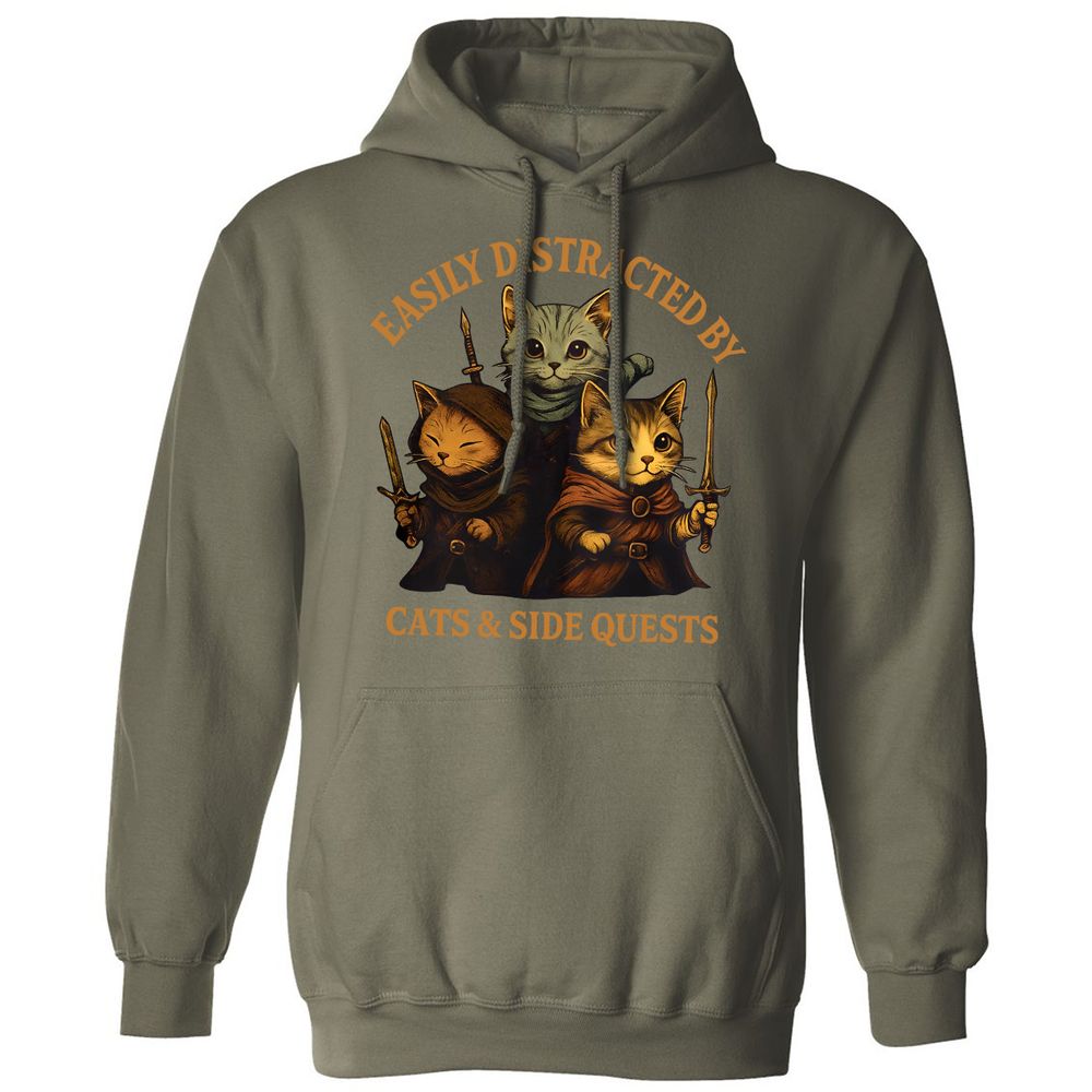 Easily Distracted By Cats & Side Quests Classic Unisex Hoodie - Military Green - 4