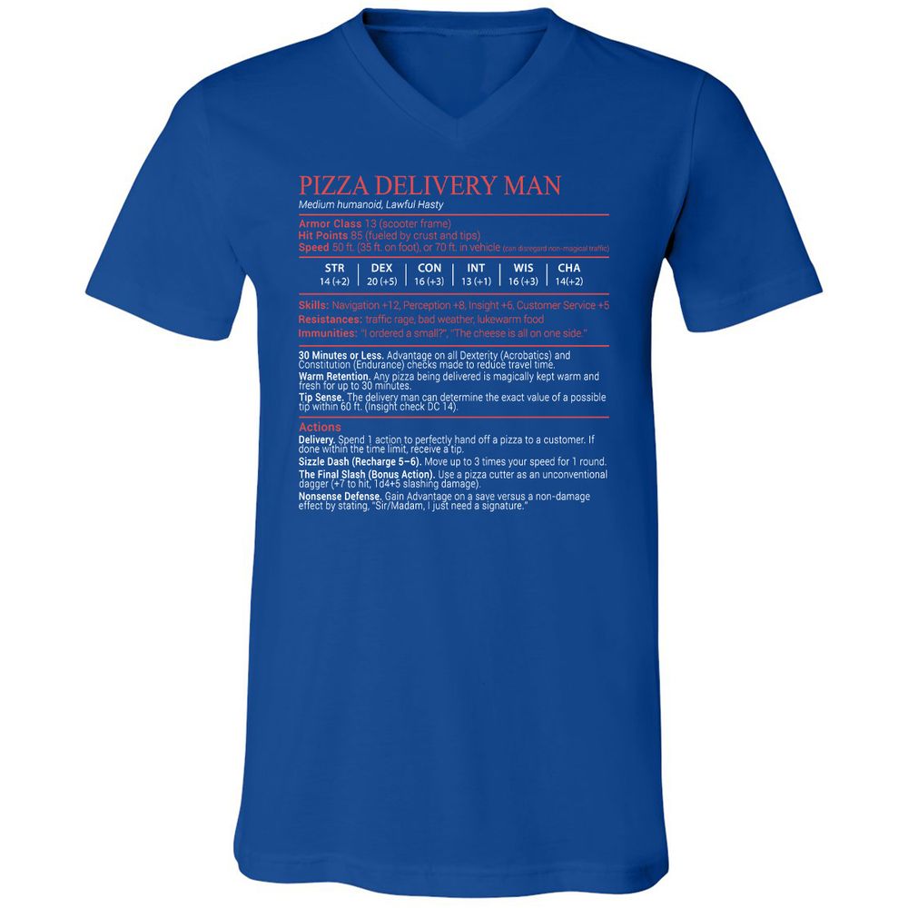 Pizza Delivery Man Stats Block Unisex V-Neck T-Shirt - True Royal - 4