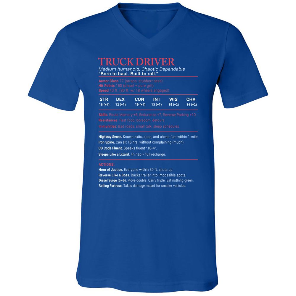 Truck Driver Stats Unisex V-Neck T-Shirt - True Royal - 4