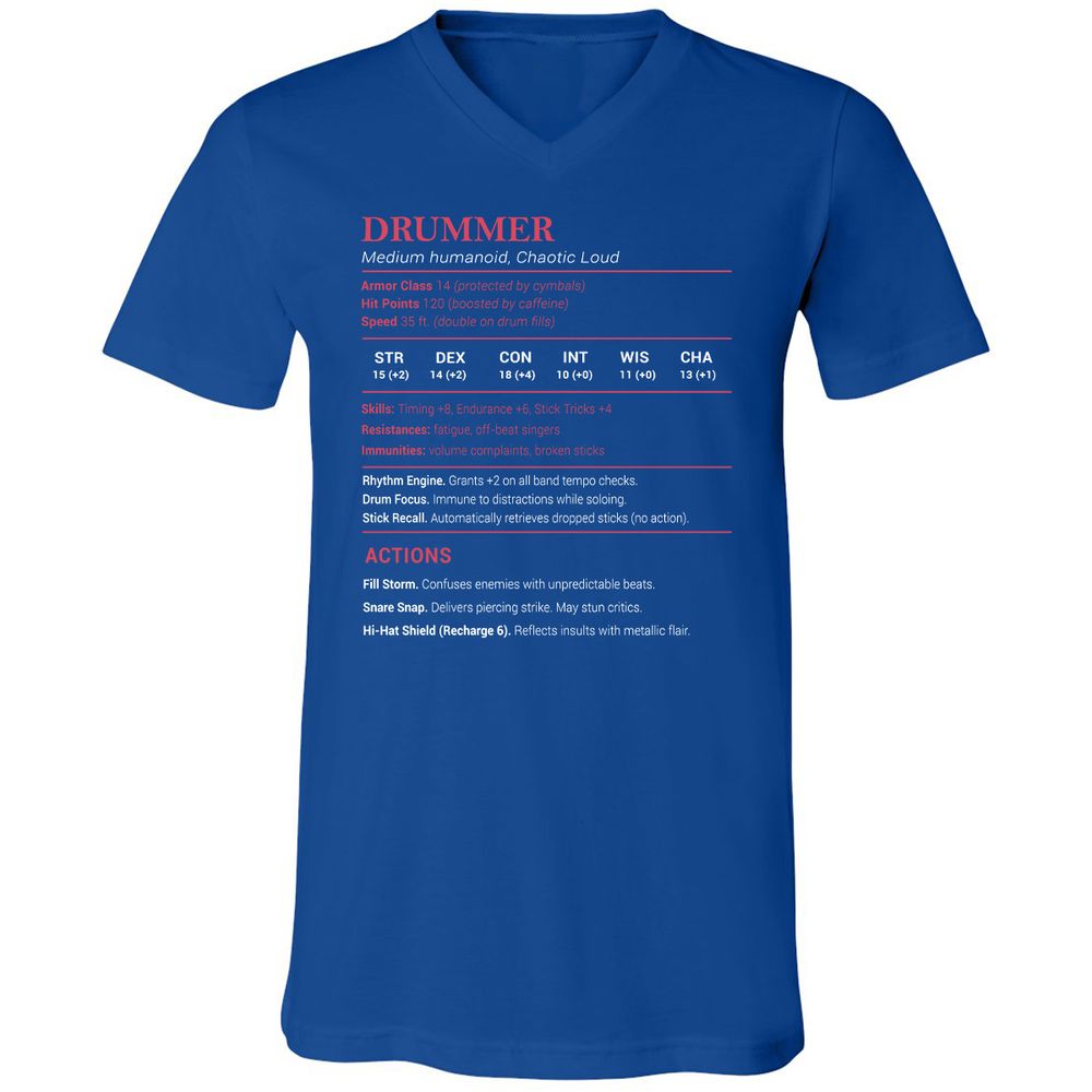 Drummer Stats Unisex V-Neck T-Shirt - True Royal - 4