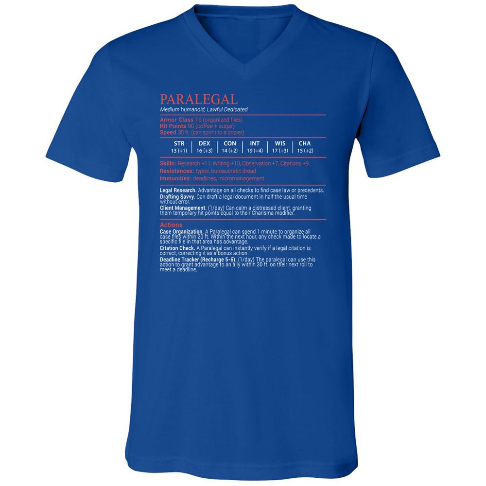 Paralegal Stats Block Unisex V-Neck T-Shirt - True Royal - 4