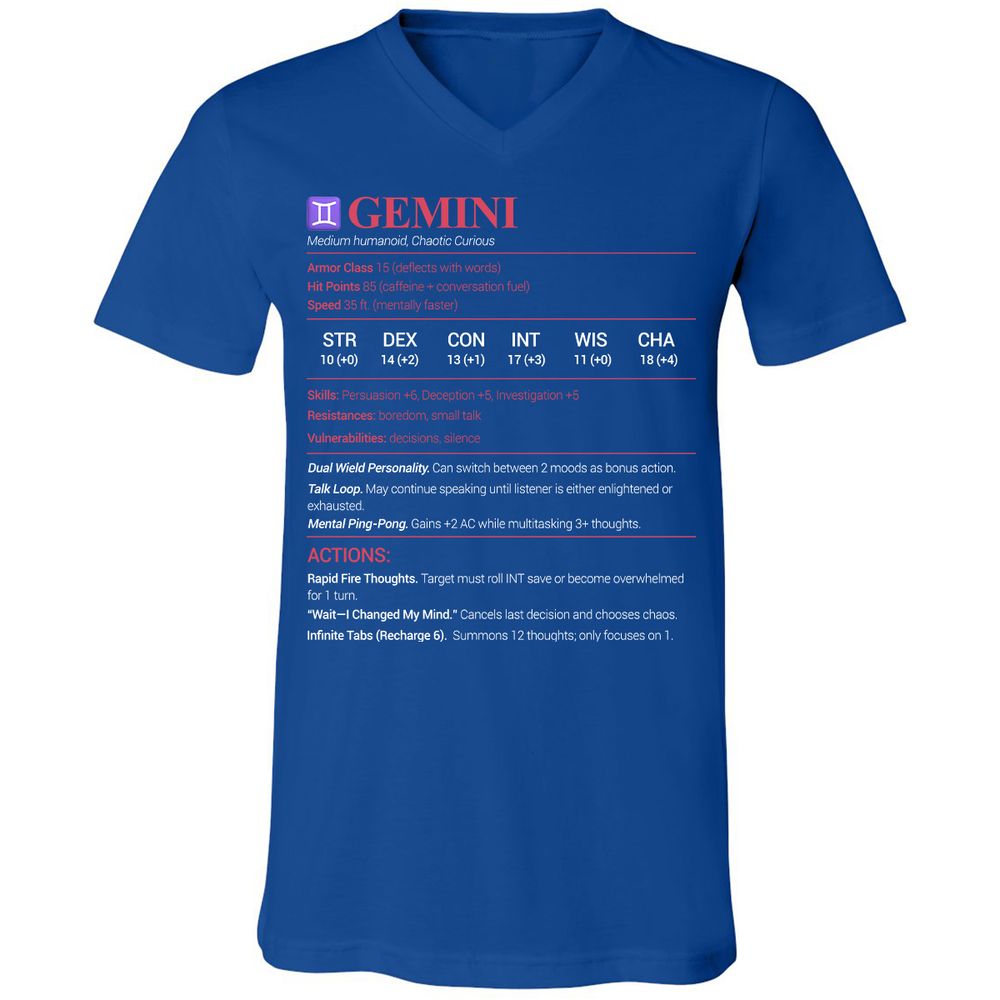Gemini Stats Unisex V-Neck T-Shirt - True Royal - 4
