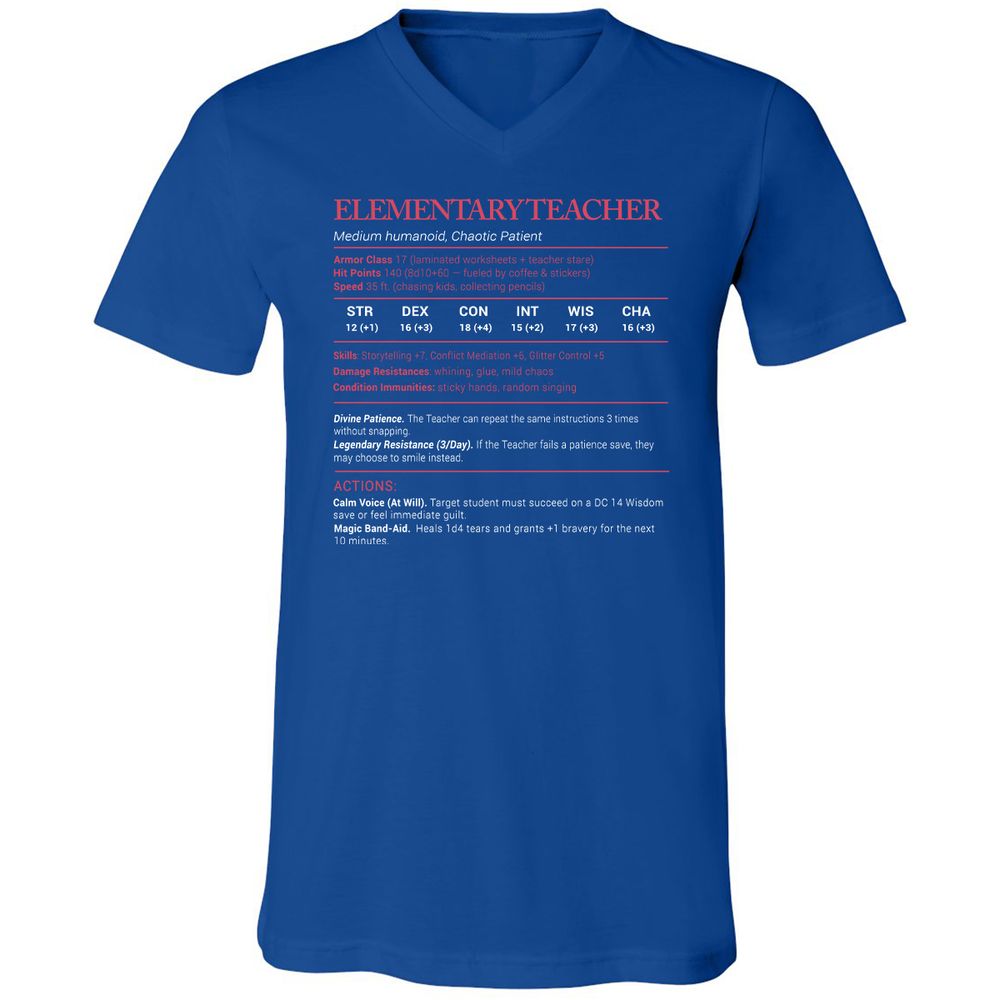 Elementary Teacher Stats Unisex V-Neck T-Shirt - True Royal - 4
