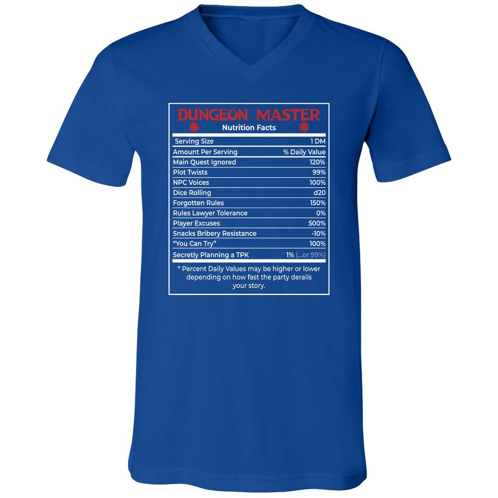 Dungeon Master Nutrition Facts Unisex V-Neck T-Shirt - True Royal - 4