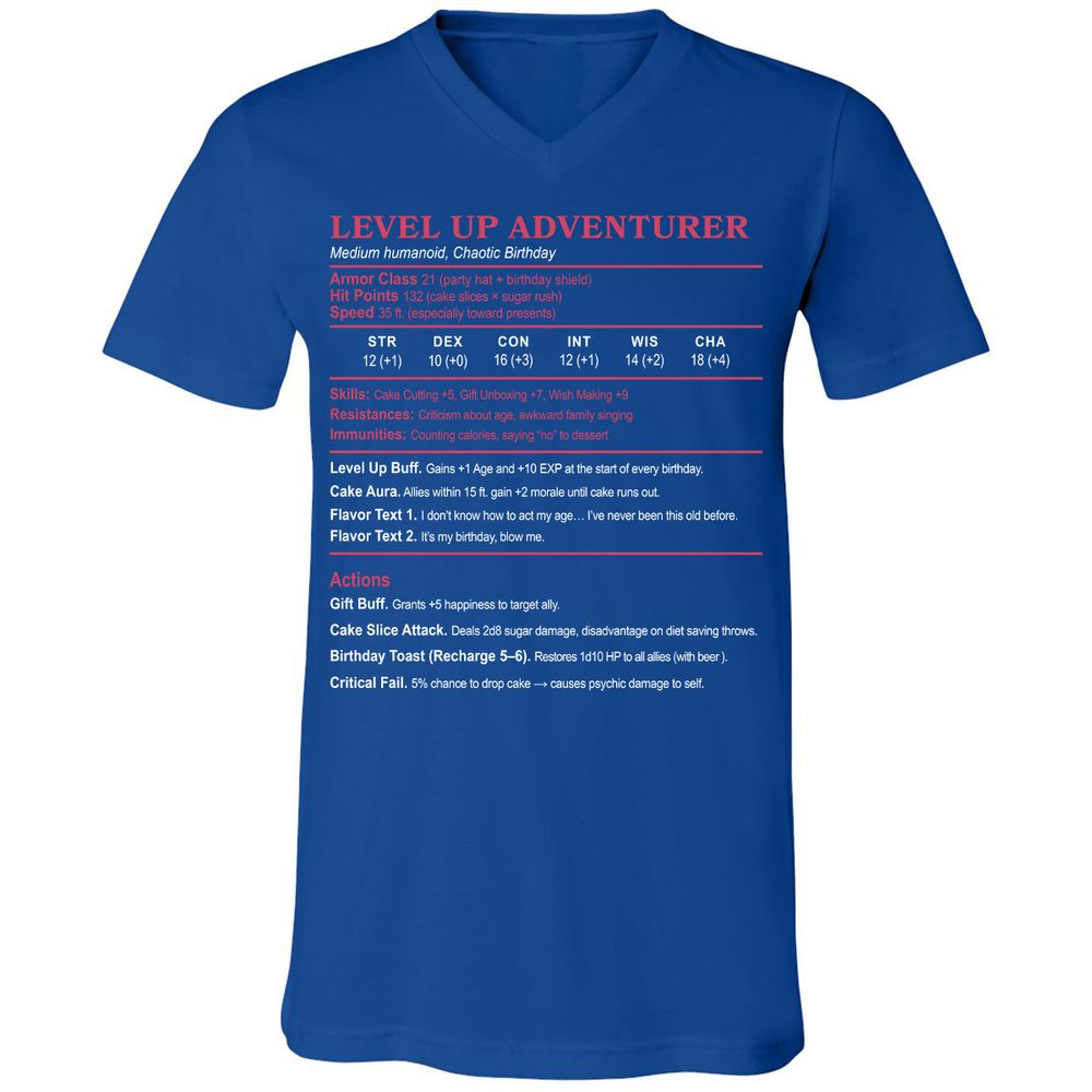 Level Up Adventurer Unisex V-Neck T-Shirt - True Royal - 4