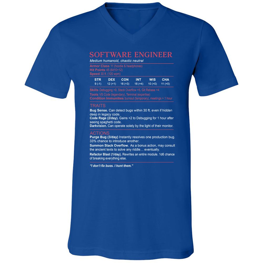 Software Engineer Stats Unisex V-Neck T-Shirt - True Royal - 4