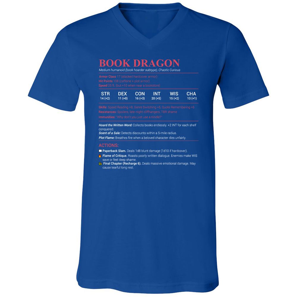 Book Dragon Stats Unisex V-Neck T-Shirt - True Royal - 4