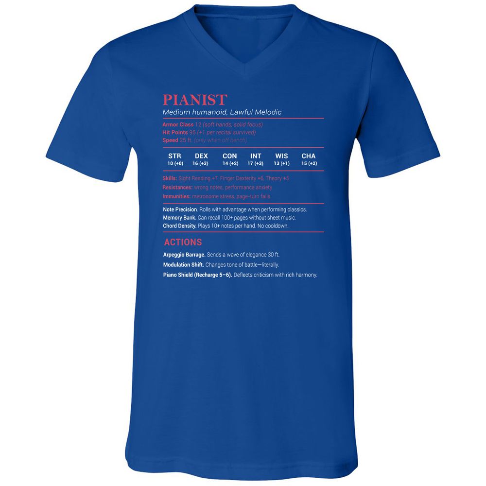 Pianist Stats Unisex V-Neck T-Shirt - True Royal - 4