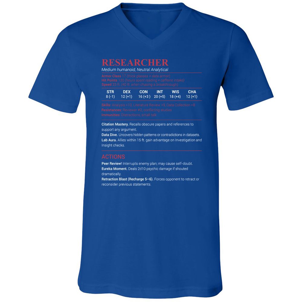 Researcher Stats Unisex V-Neck T-Shirt - True Royal - 4