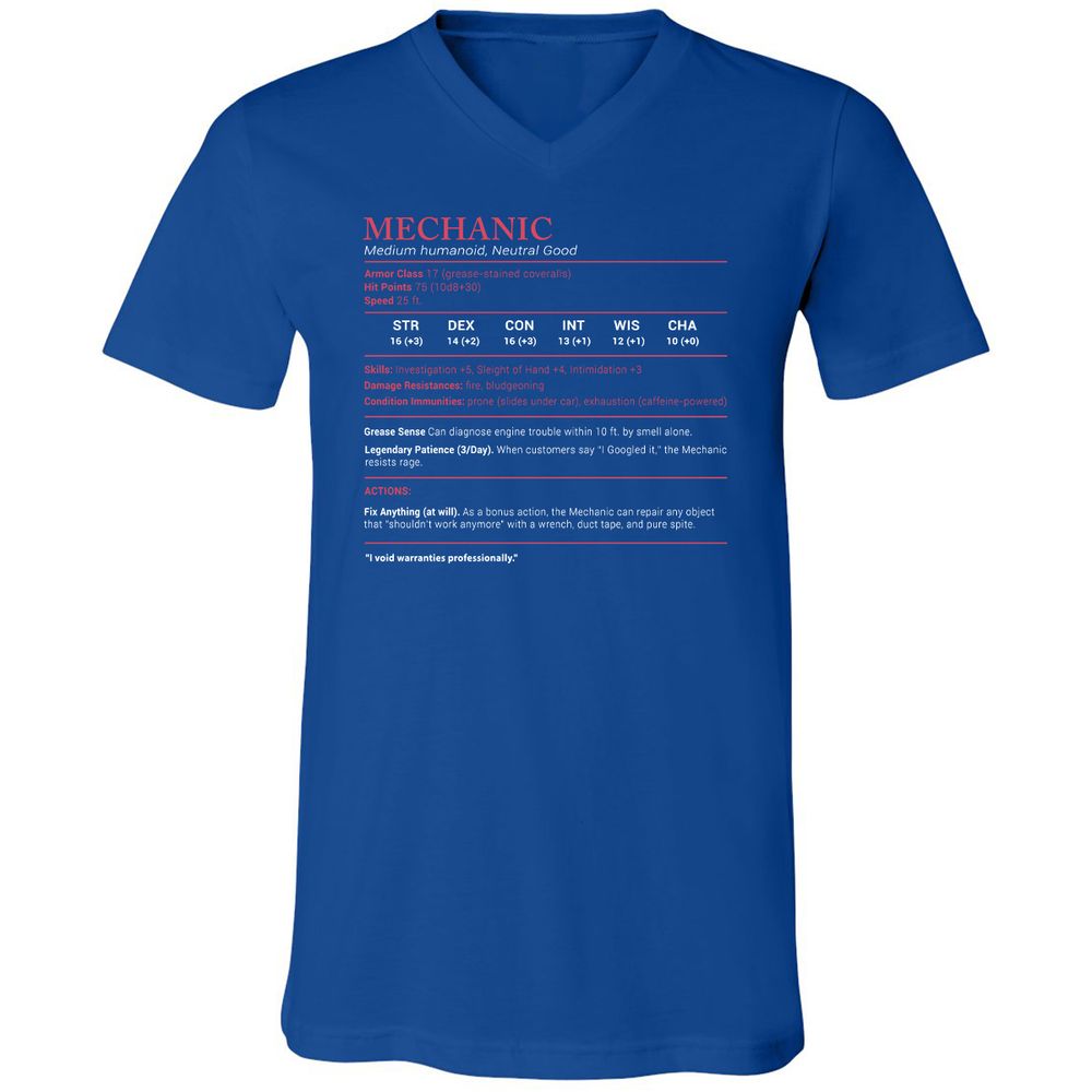 Mechanic Stats Unisex V-Neck T-Shirt - True Royal - 4