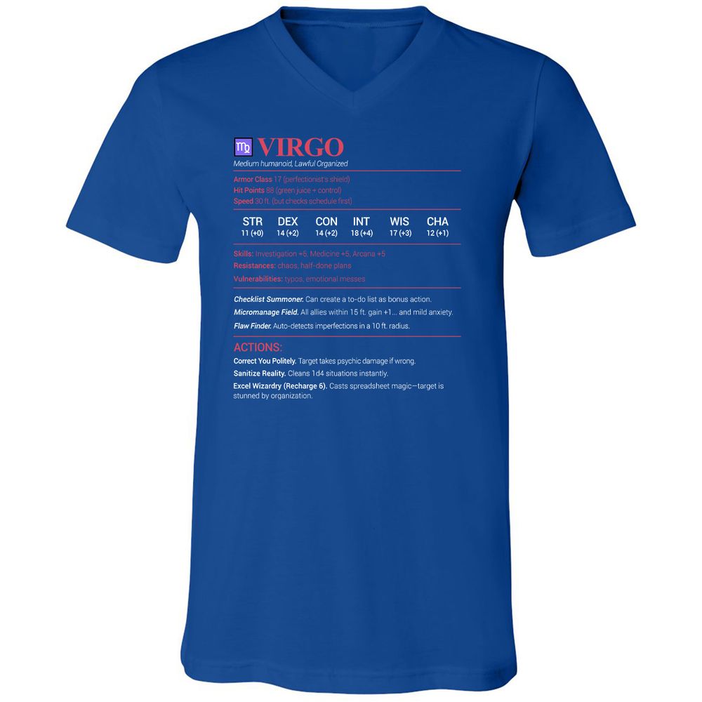 Virgo Stats Unisex V-Neck T-Shirt - True Royal - 4