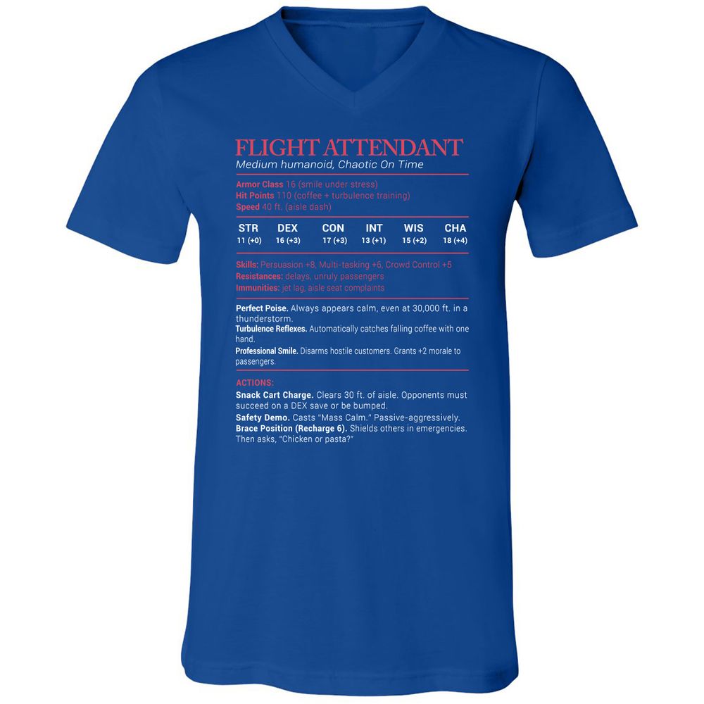 Flight Attendant Stats Unisex V-Neck T-Shirt - True Royal - 4