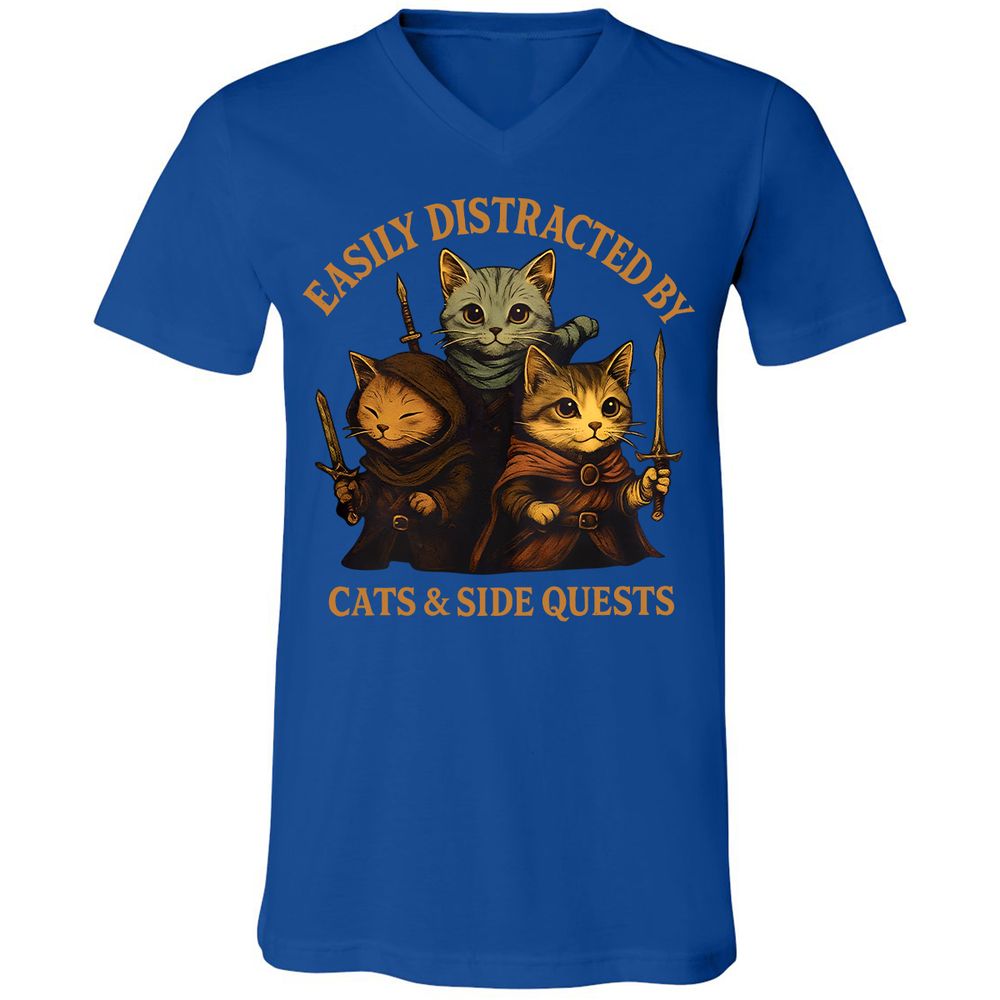 Easily Distracted By Cats & Side Quests Unisex V-Neck T-Shirt - True Royal - 4