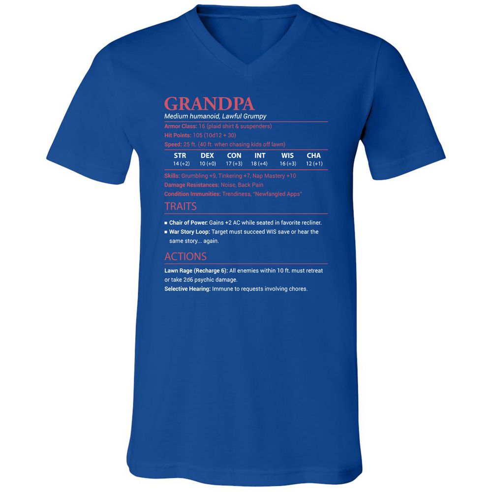Grandpa Stats Unisex V-Neck T-Shirt - True Royal - 4
