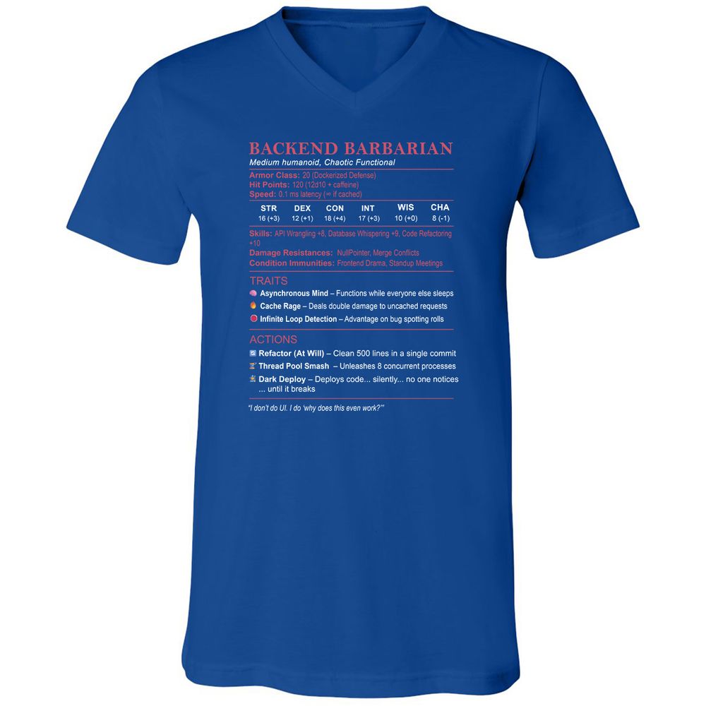 Backend Barbarian Stats Unisex V-Neck T-Shirt - True Royal - 4