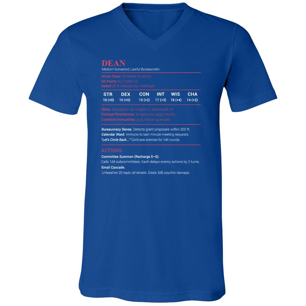 Dean Stats Unisex V-Neck T-Shirt - True Royal - 4