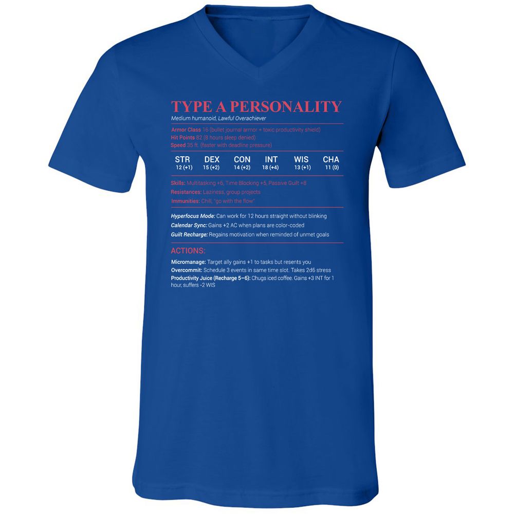 Type A Stats Unisex V-Neck T-Shirt - True Royal - 4