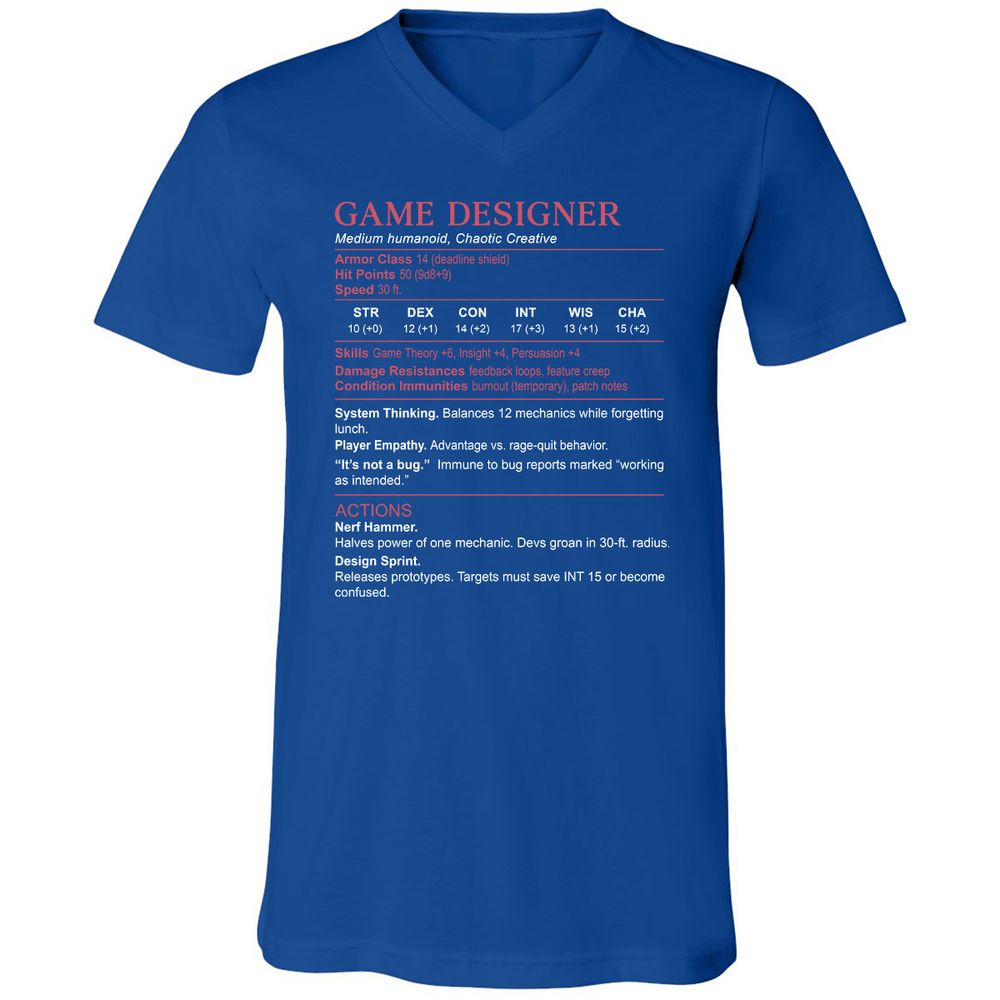 Game Designer Stats Unisex V-Neck T-Shirt - True Royal - 4