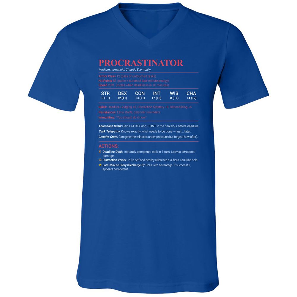 Procrastinator Stats Unisex V-Neck T-Shirt - True Royal - 4
