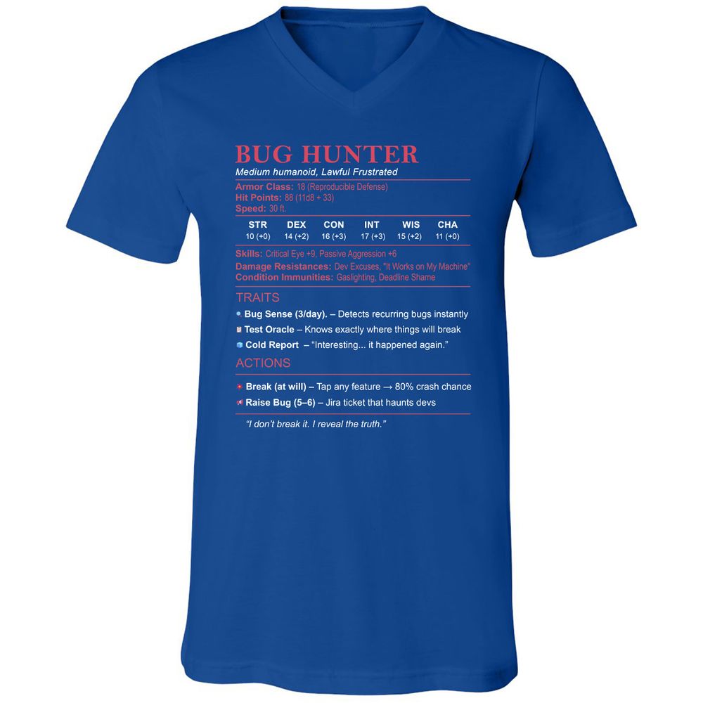 Tester Stats (Bug Hunter) Unisex V-Neck T-Shirt - True Royal - 4