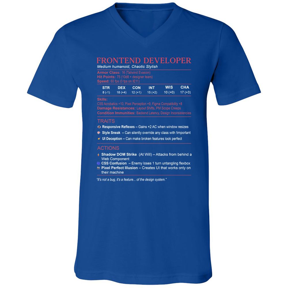 Frontend Developer Stats Unisex V-Neck T-Shirt - True Royal - 4