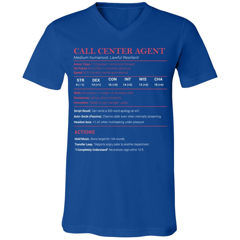 Call Center Agent Stats Unisex V-Neck T-Shirt - True Royal - 4
