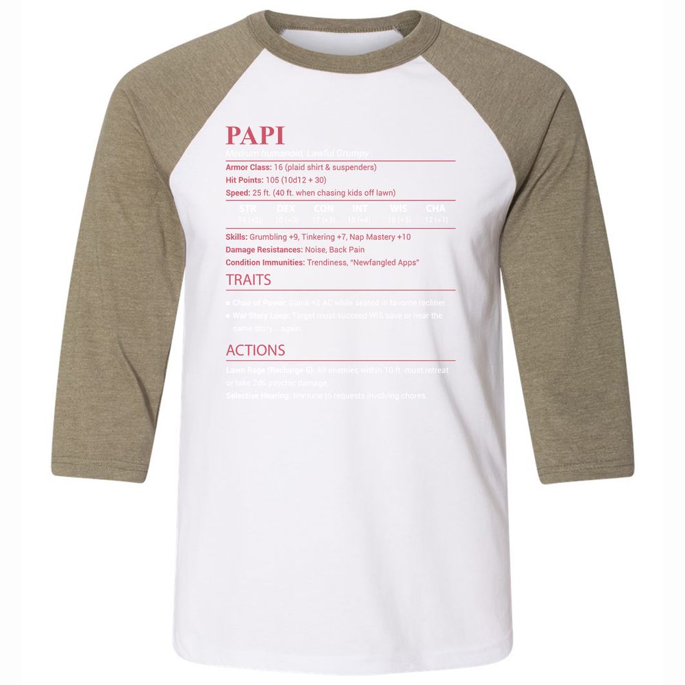 Papi Stats Unisex 3/4 Baseball Tee - White/Heather Olive - 4