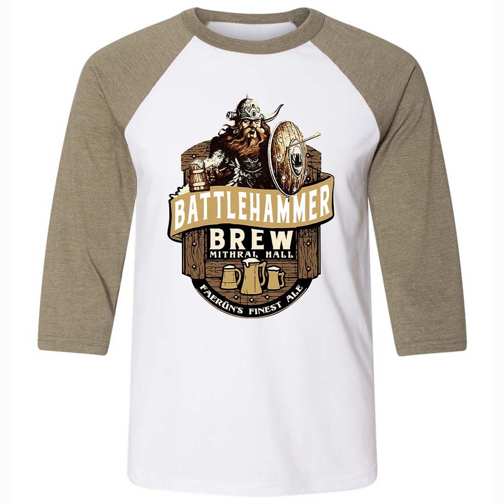 Battlehammer Brew Unisex 3/4 Baseball Tee - White/Heather Olive - 4