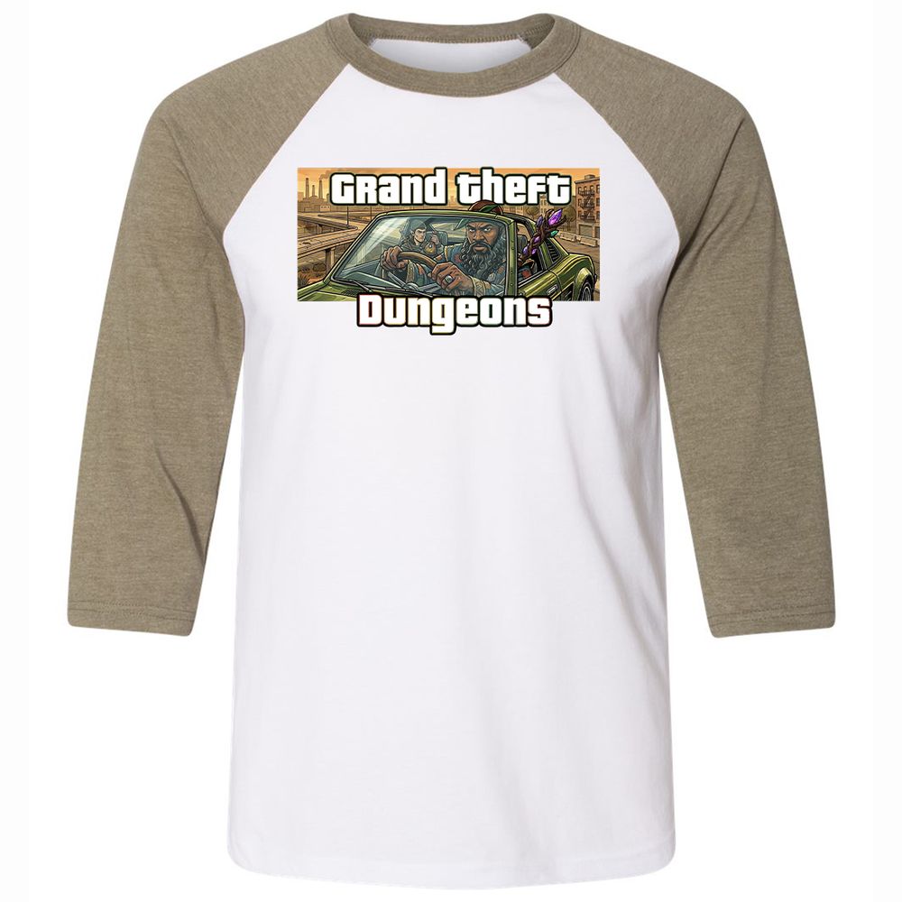 Grand Theft Dungeons Unisex 3/4 Baseball Tee - White/Heather Olive - 4