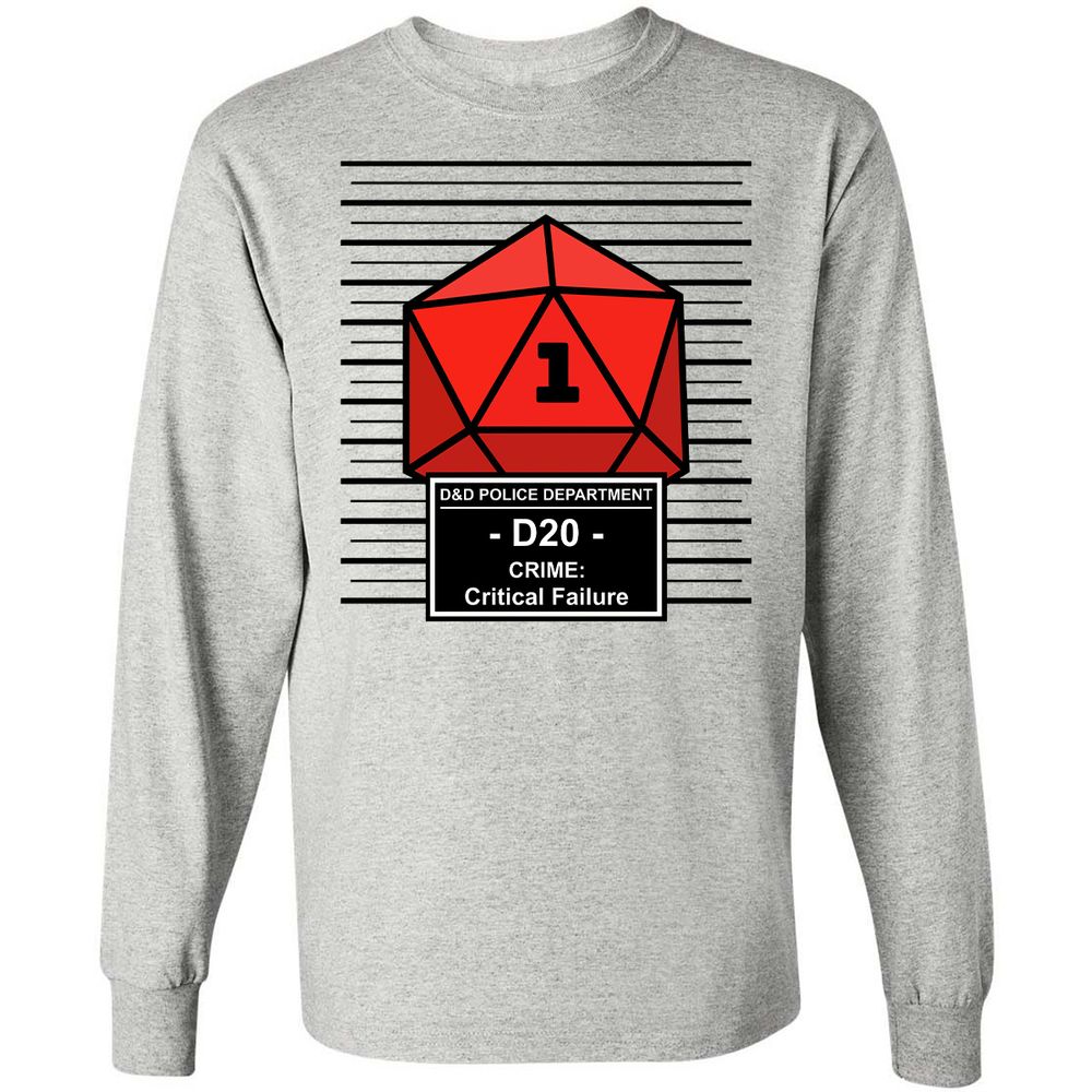 D20 Arrested For Critical Failure Long Sleeve T-Shirt - Ash - 5