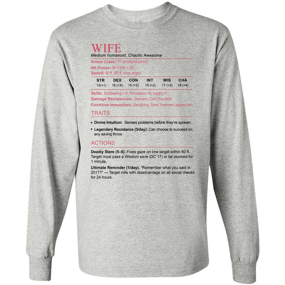 Wife Stats 2 Long Sleeve T-Shirt - Ash - 5