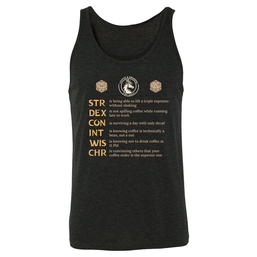 Coffee & Dragons RPG Stats Unisex Jersey Tank - Charcoal Black Triblend - 5