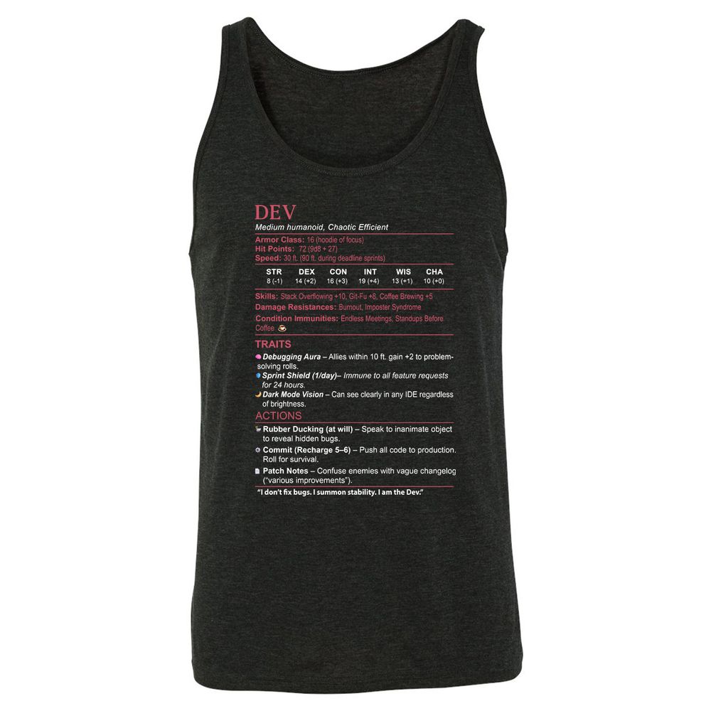 DEV Stats Unisex Jersey Tank - Charcoal Black Triblend - 5