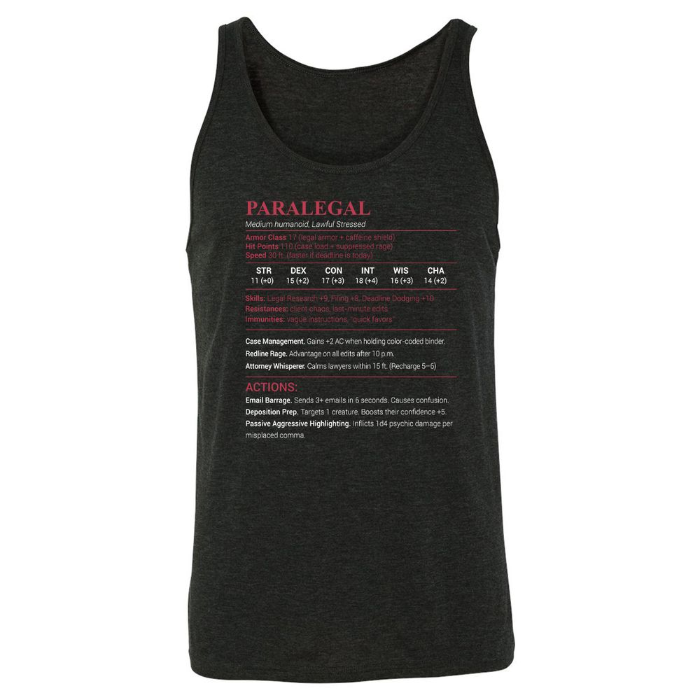 Paralegal Stats Unisex Jersey Tank - Charcoal Black Triblend - 5