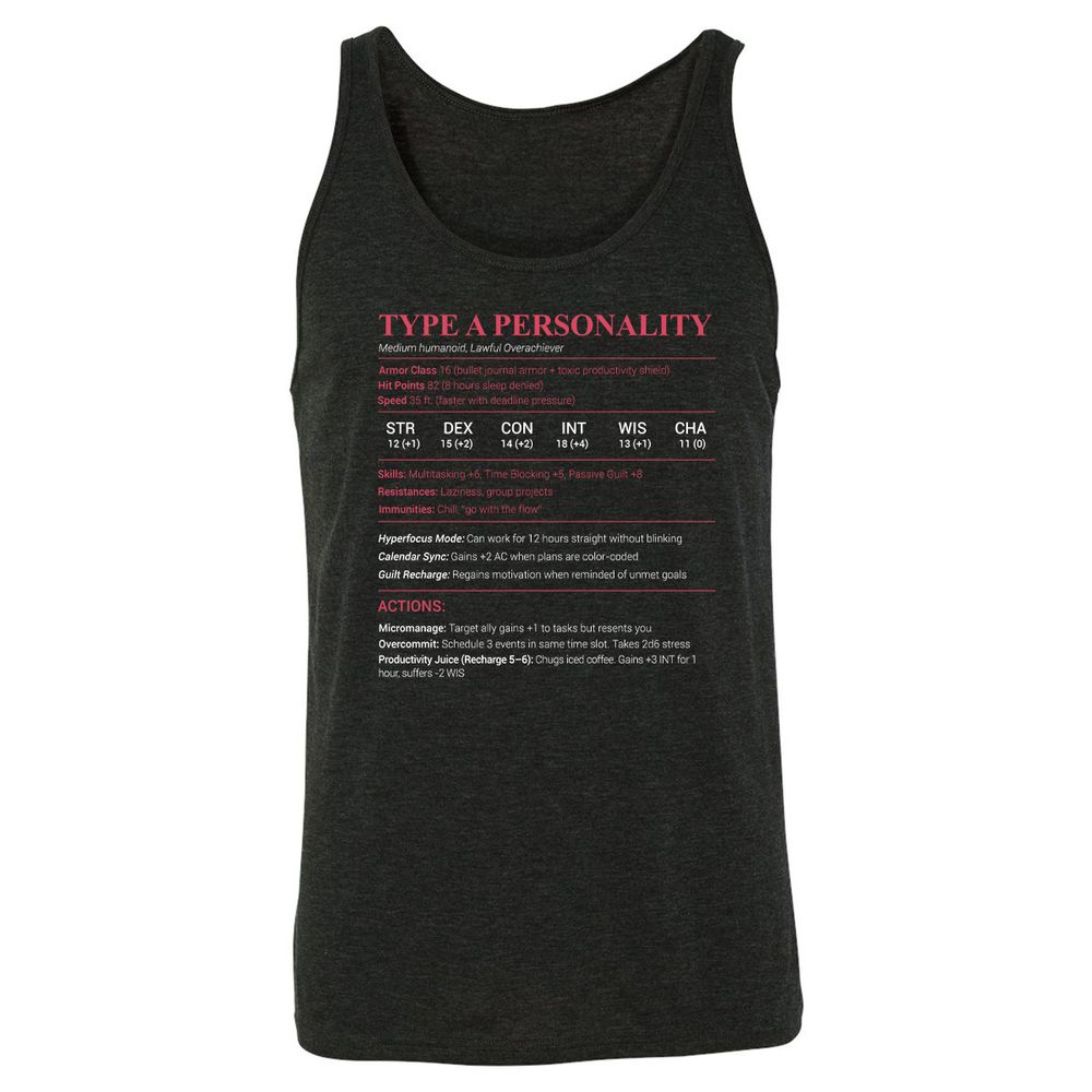 Type A Stats Unisex Jersey Tank - Charcoal Black Triblend - 5