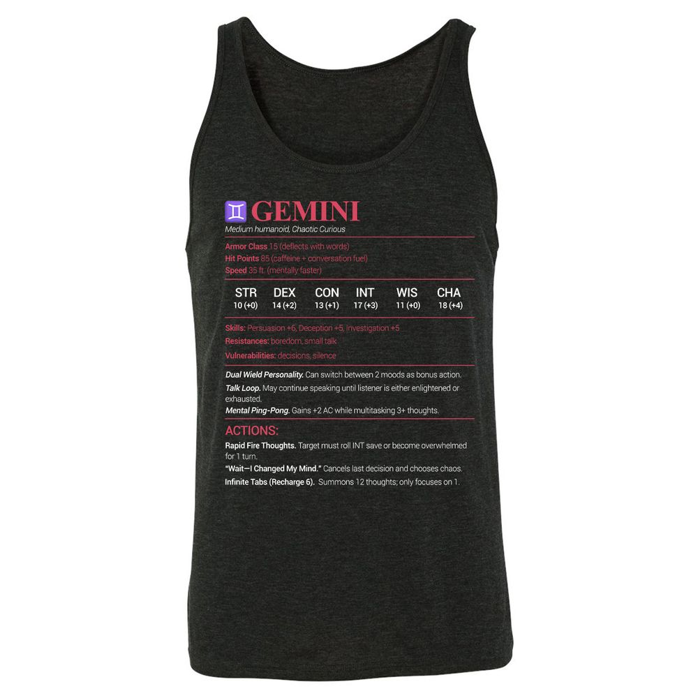 Gemini Stats Unisex Jersey Tank - Charcoal Black Triblend - 5