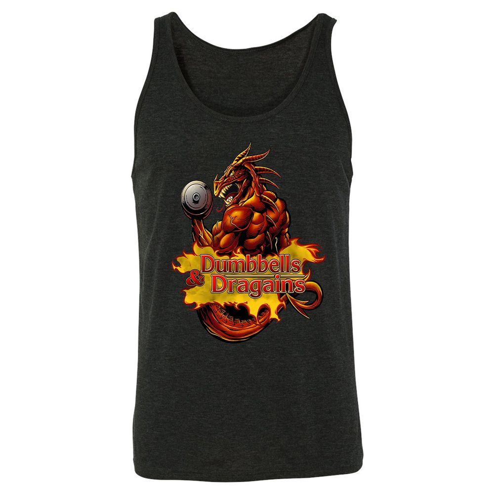 Dumbbells & Dragains Unisex Jersey Tank - Charcoal Black Triblend - 5
