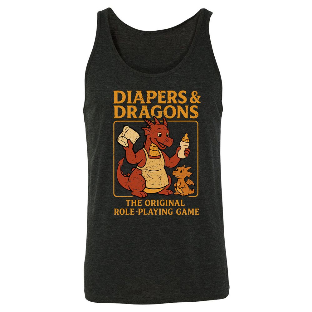 Diapers & Dragons Unisex Jersey Tank - Charcoal Black Triblend - 5