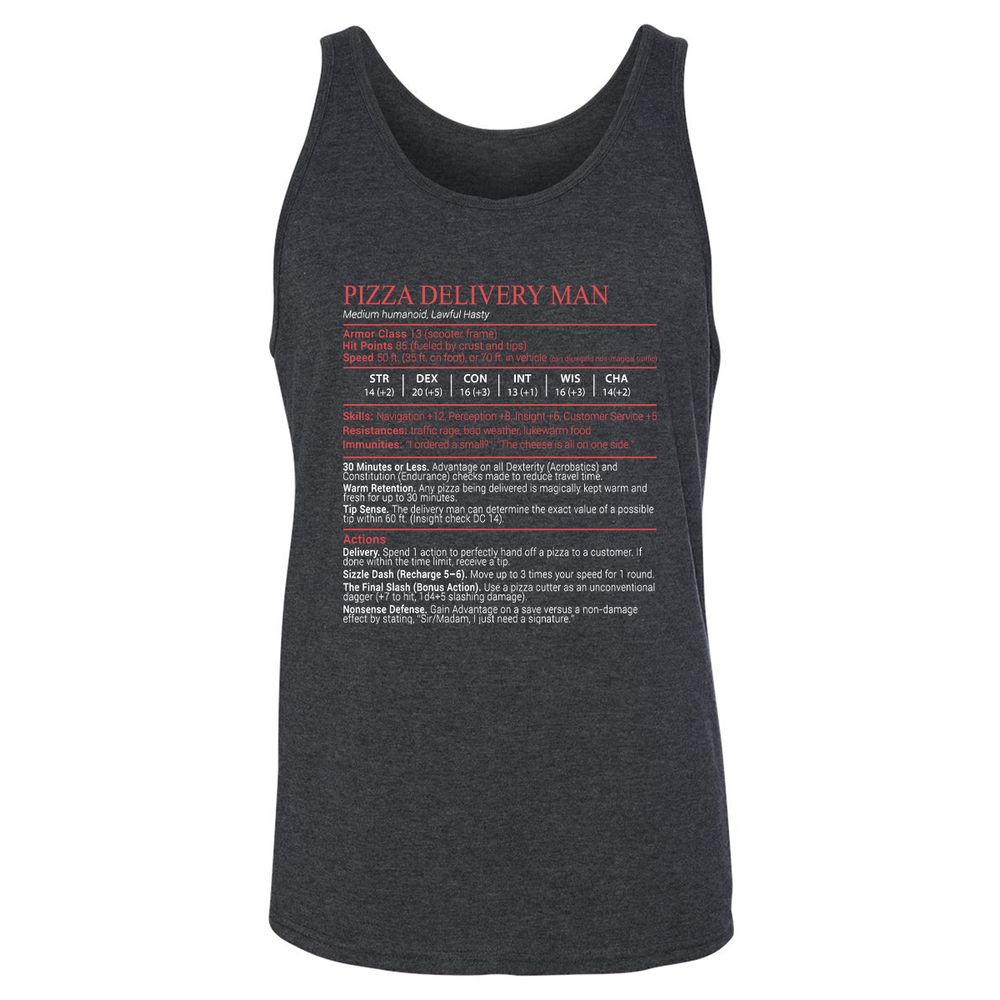 Pizza Delivery Man Stats Block Unisex Jersey Tank - Dark Grey Heather - 5