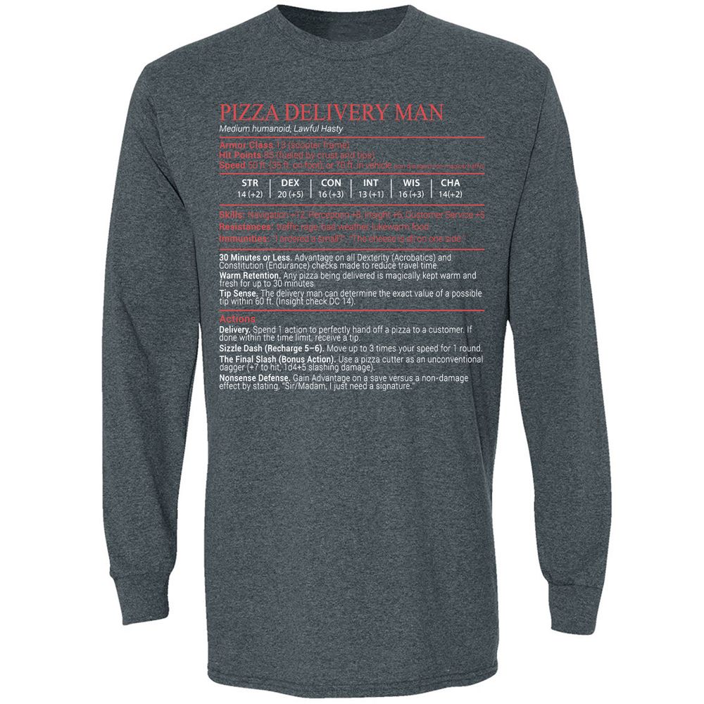 Pizza Delivery Man Stats Block Long Sleeve T-Shirt - Dark Heather - 5